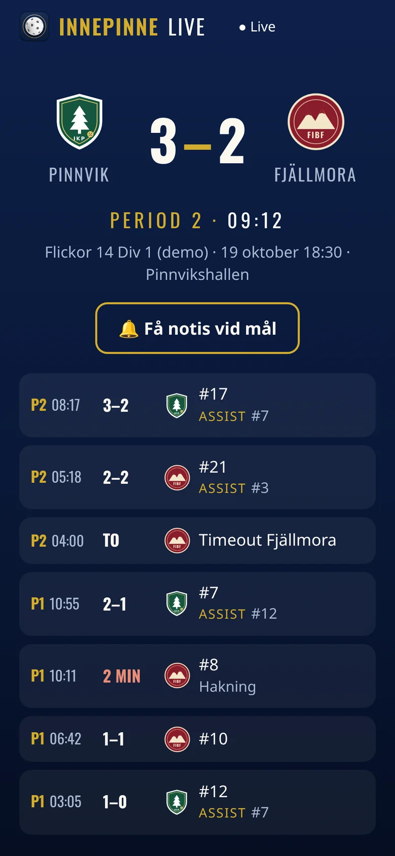 The spectators' live page on a phone